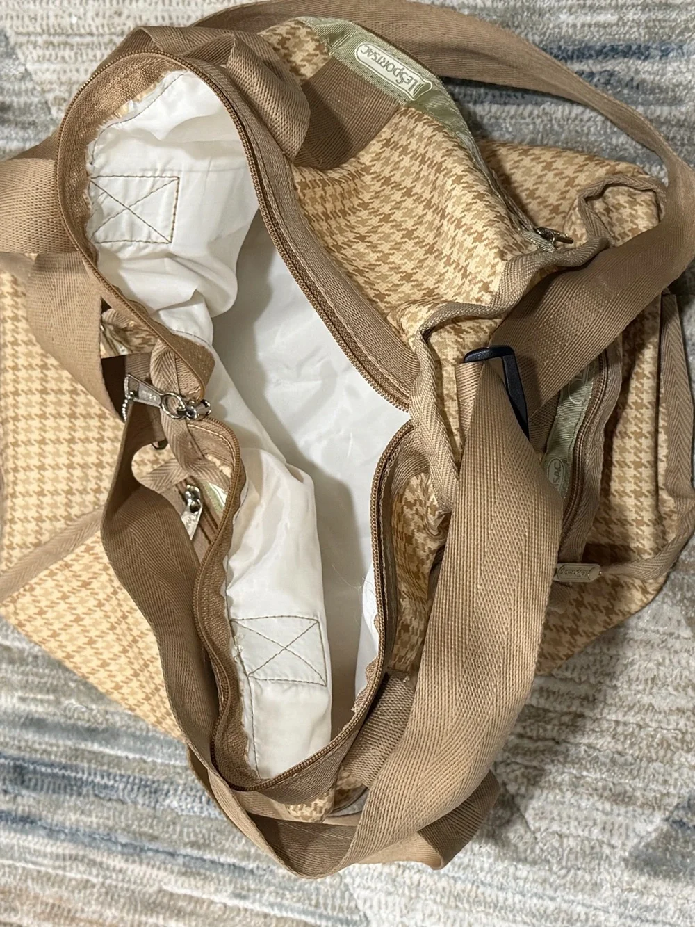 LeSportsac Beige Houndstooth Canvas Duffel Bag